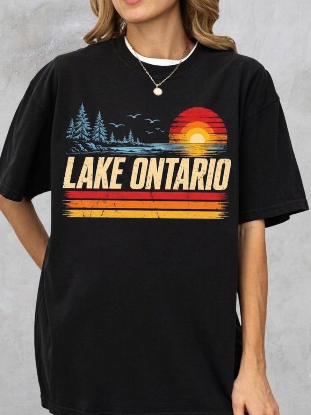 Lake Ontario Great Lakes Sunset Graphic Tee, Retro Canada Shirt